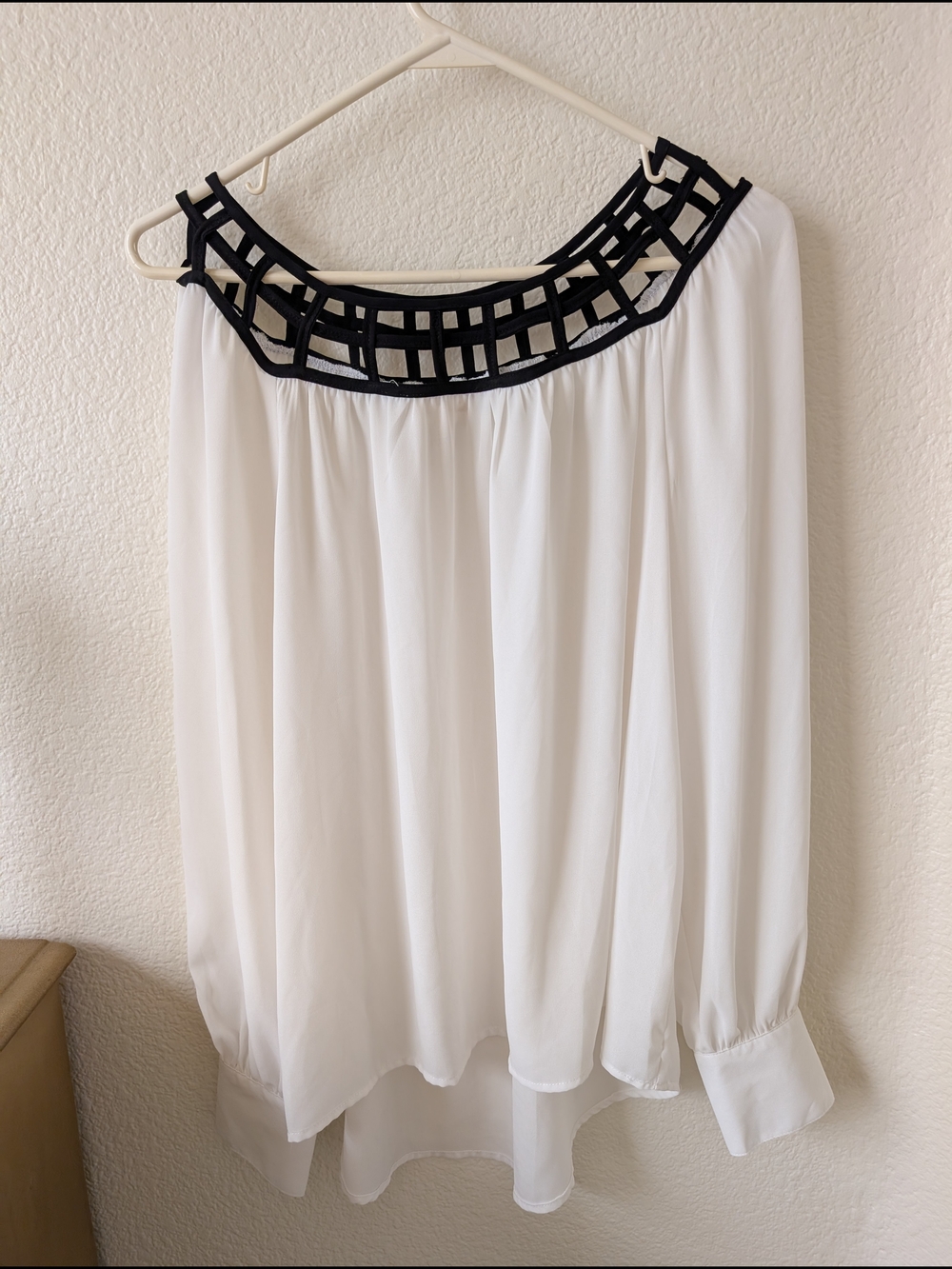 My Michelle White Blouse with Black Lattice Neckline